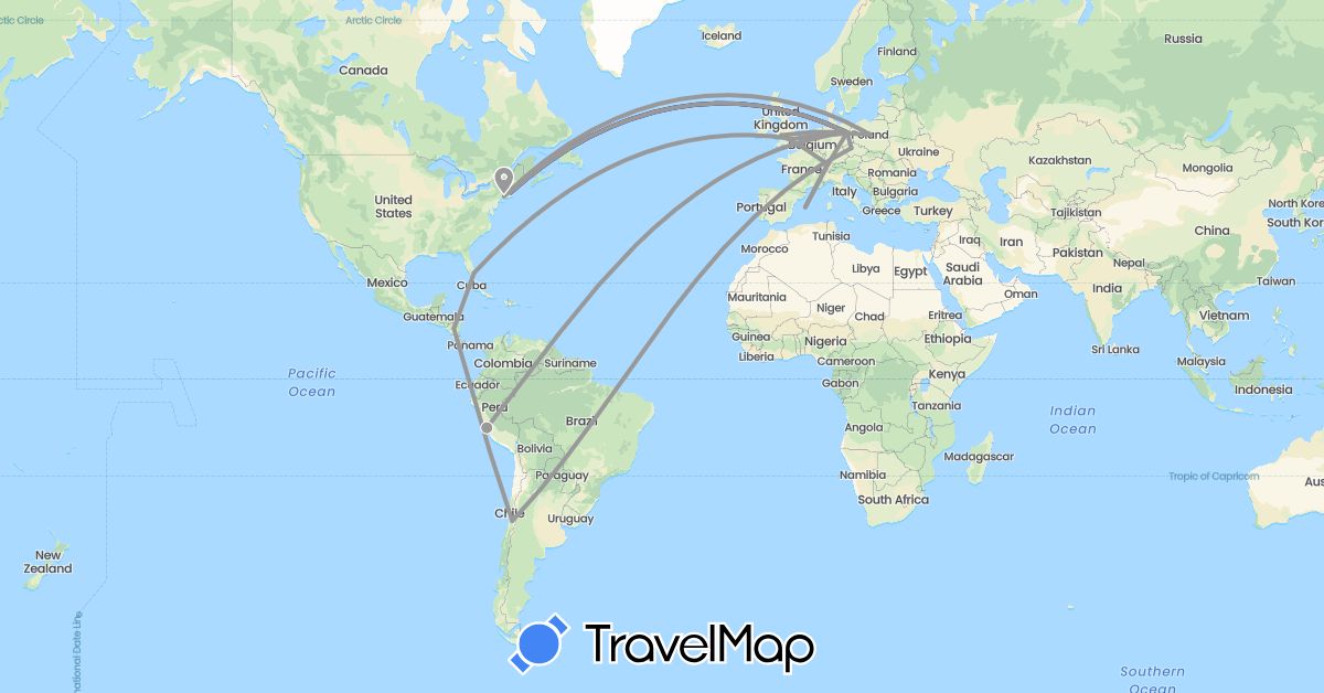 TravelMap itinerary: driving, plane in Switzerland, Chile, Czech Republic, Germany, Spain, United Kingdom, Nicaragua, Peru, Poland, United States (Europe, North America, South America)
