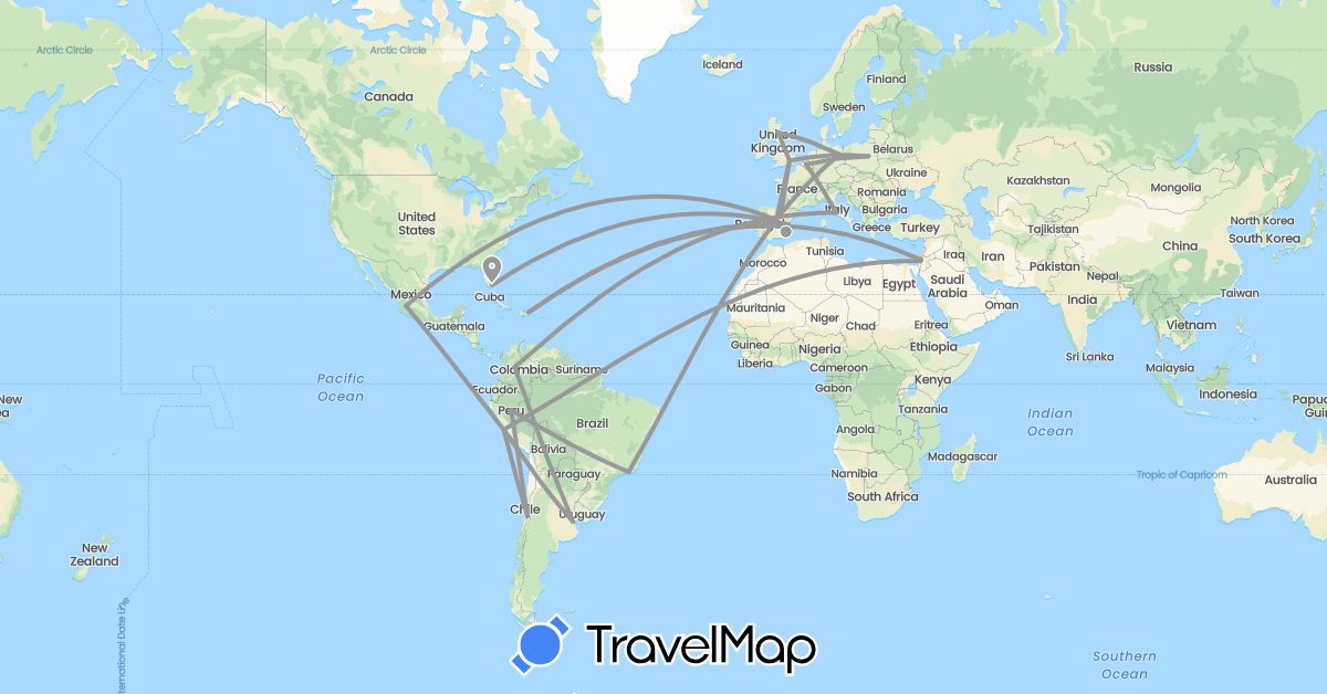 TravelMap itinerary: driving, plane in Argentina, Belgium, Brazil, Chile, Colombia, Germany, Dominican Republic, Spain, United Kingdom, Israel, Italy, Mexico, Peru, Poland, Palestinian Territories, United States (Asia, Europe, North America, South America)